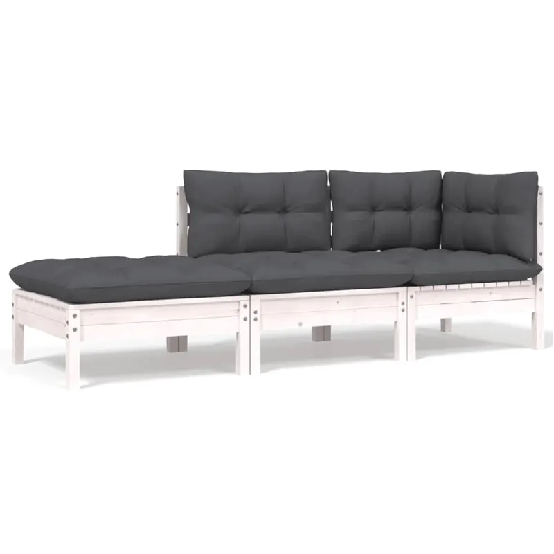 set mobilier gradina cu perne, 3 piese, alb, lemn masiv pin