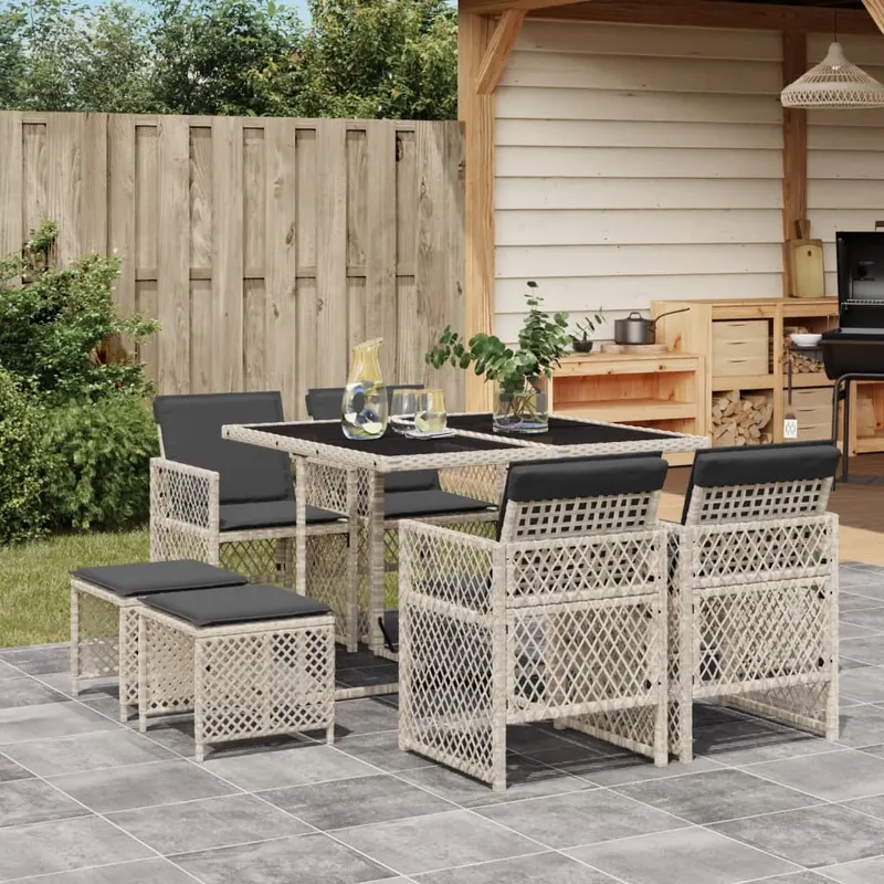 set mobilier gradina cu perne, 9 piese, gri deschis, poliratan