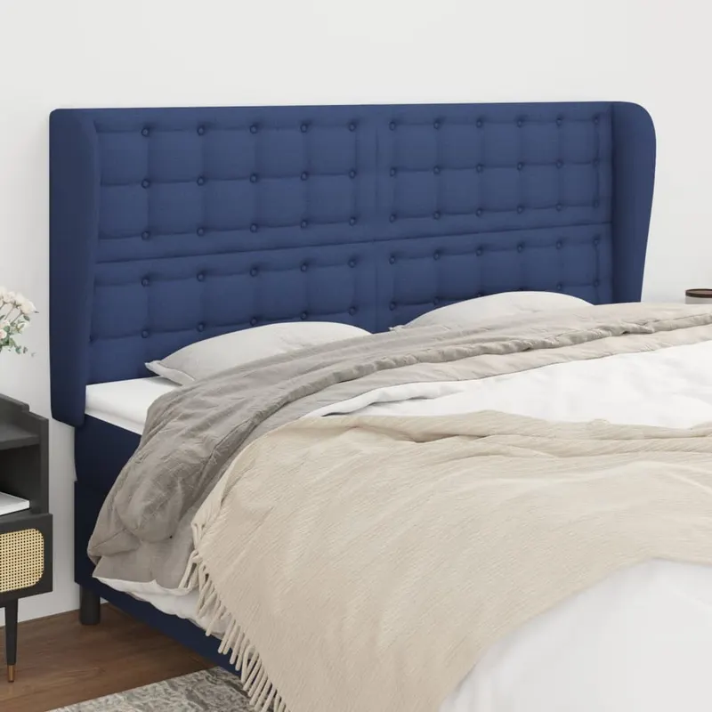 Tablie de pat cu aripioare, albastru, 183x23x118/128 cm, textil