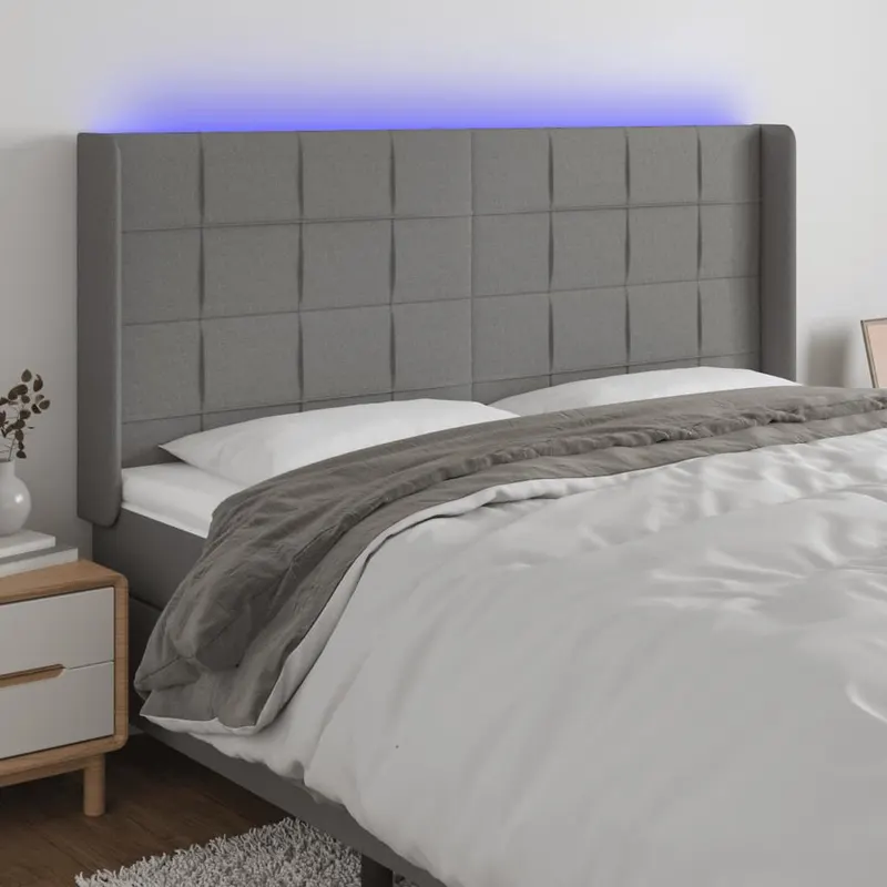 tablie de pat cu led, gri inchis, 163x16x118/128 cm, textil