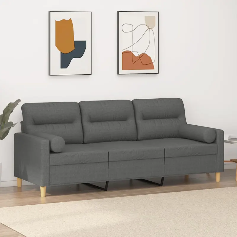 canapea cu 3 locuri cu pernute, gri inchis, 180 cm, textil