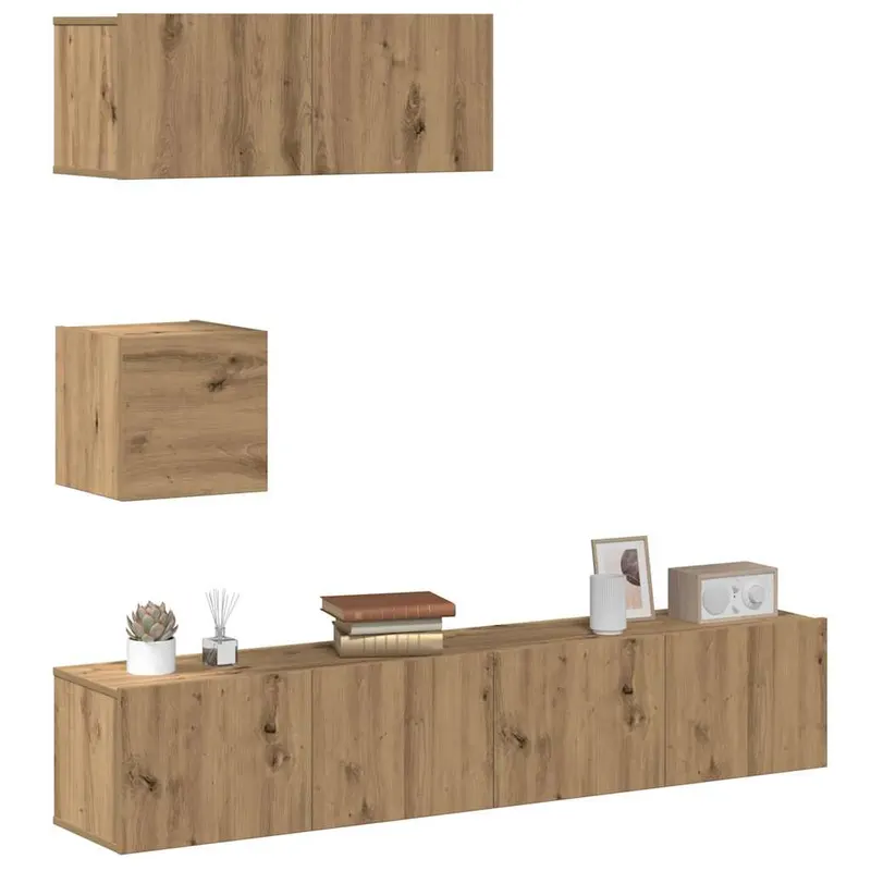 set dulap tv 4 piese montat pe perete stejar artizanal