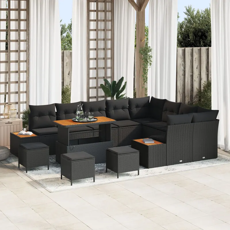 Set de sofa pentru gradina cu 12 piese si perne din poliratan negru de acacia, set de dining pentru gradina cu 3 piese si perne din poliratan negru de acacia