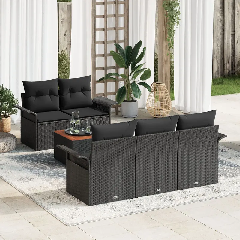 Set canapea gradina 6 piese cu perne negru poliratan acacia, canapea gradina cu 2 locuri si depozitare & perne negru poliratan