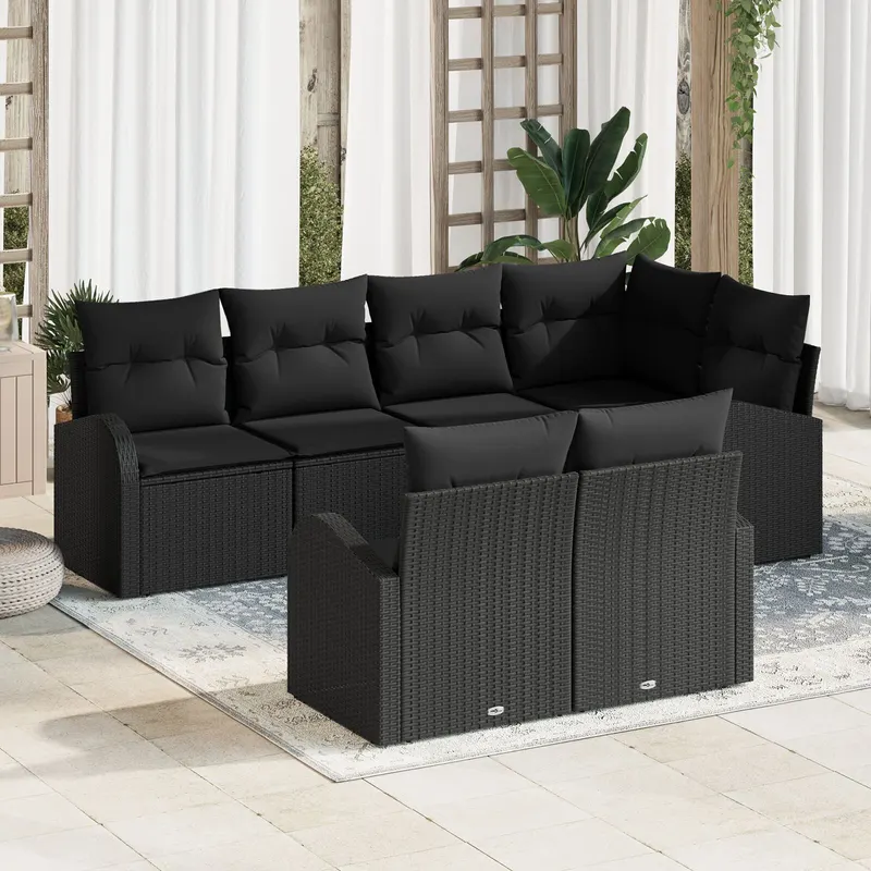 set de canapea de gradina cu 7 piese si perne, poliratan negru