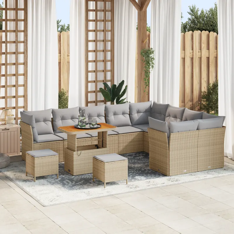 Set canapea gradina 12 piese cu perne bej din ratan poliester acacia, set dining gradina 3 piese cu perne bej din ratan poliester acacia