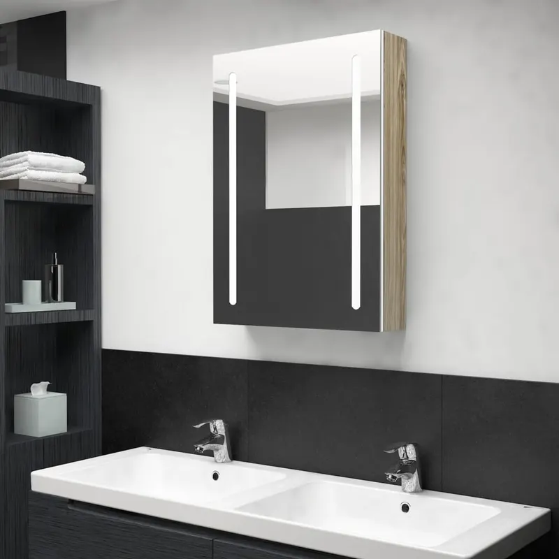 dulap de baie cu oglinda si led, alb si stejar, 50x13x70 cm
