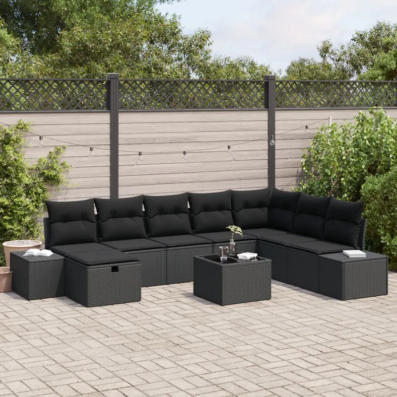 set canapea gradina 9 piese cu perne negre din poliratan