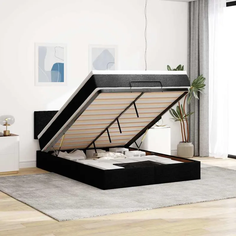 pat otoman cu saltea si led-uri negru 140x190 cm tesatura