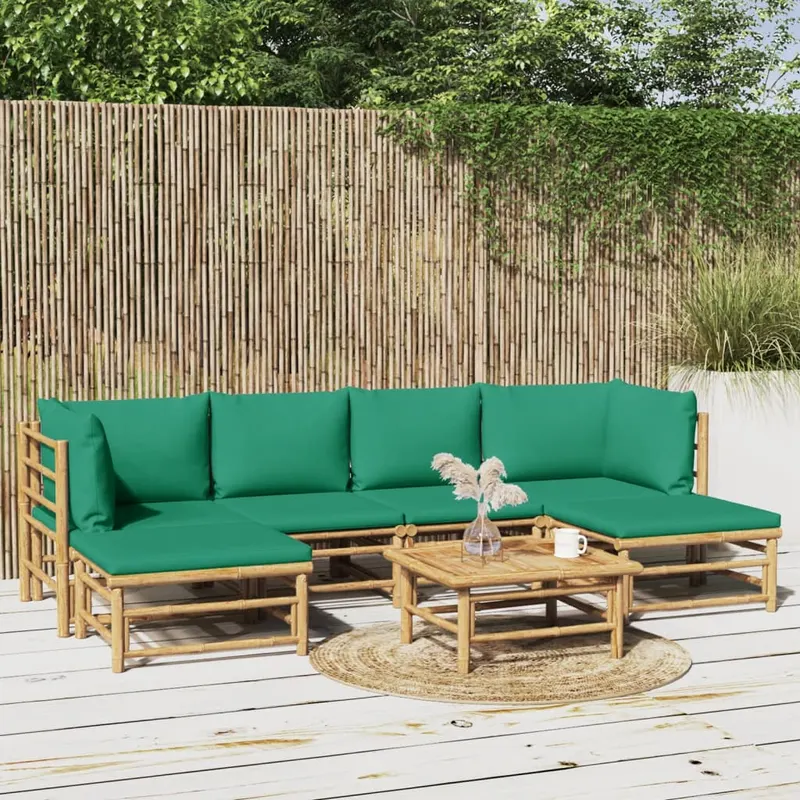 set mobilier de gradina cu perne verzi, 7 piese, bambus