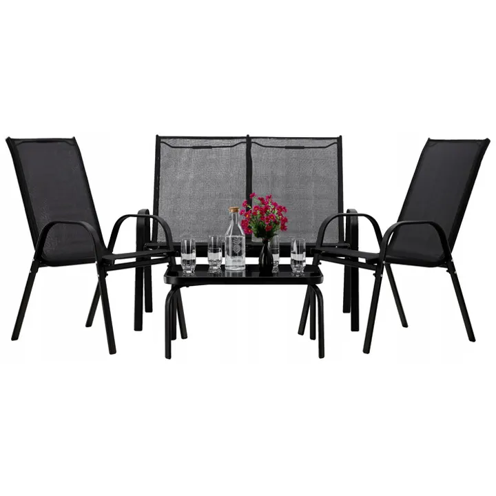 Set mobilier gradina textilene 2 scaune canapea masa sticla, design modern, gri inchis
