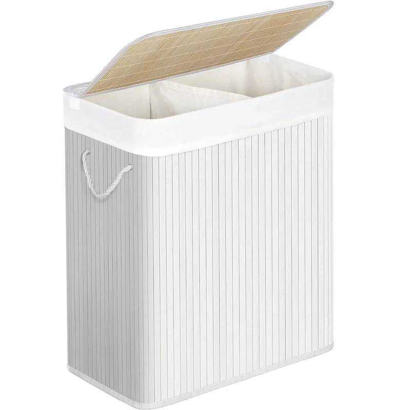 Cos rufe bambus capac 2 compartimente sac detasabil 100l, 52x32x62 cm, organizare, alb