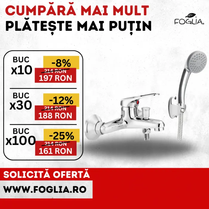 Baterie cada-dus Deante Lobo cu para dus, furtun si suport fix, crom lucios