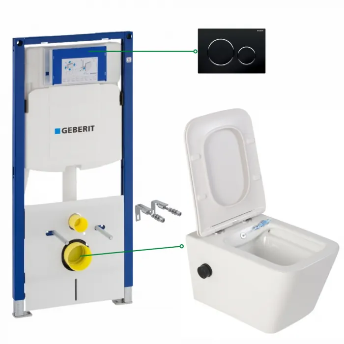 Set vas wc suspendat cu functie bideu si baterie negru mat inclusa Safari, rezervor wc incastrat si clapeta negru lucios, Geberit Sigma