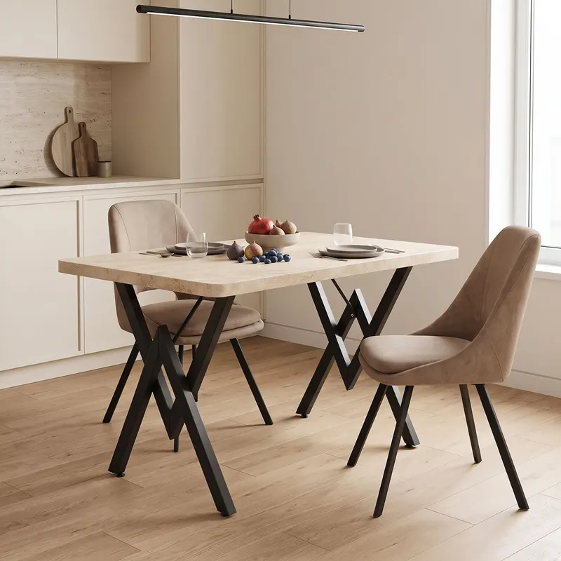 Masă dining Vertex, Lemn și metal, Diverse culori, 110x70x72 cm - Travertin-Negru