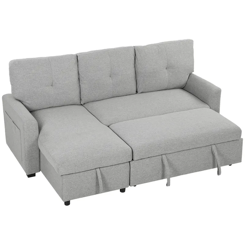 HOMCOM Canapea extensibilă 3 locuri cu șezlong convertibil, spațiu de depozitare, 3 perne, material cu efect de in, gri