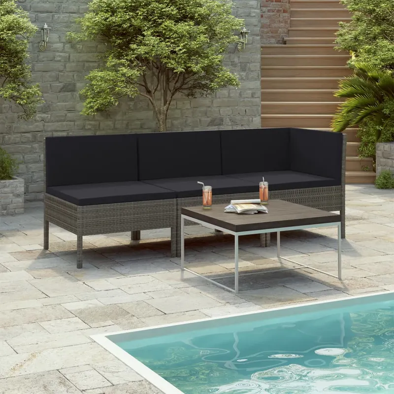 set mobilier de gradina cu perne, 3 piese, gri, poliratan
