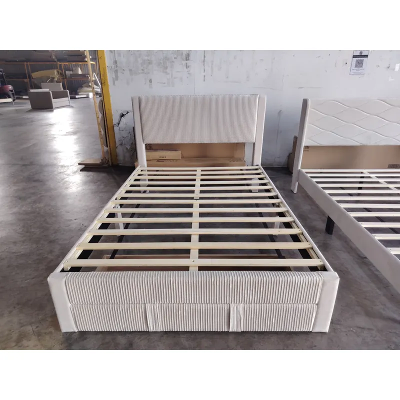HOMCOM Pat Tapițat 140x200 cm cu Tăblie Căptușită și Sertar Depozitare Lamele de Lemn Asamblare Ușoară Bej