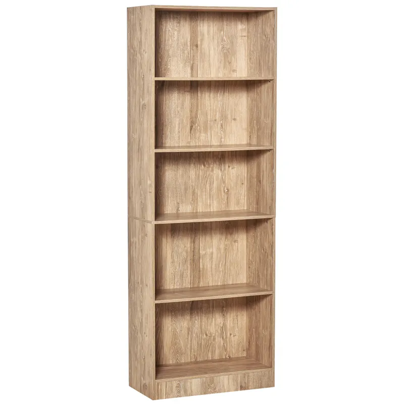 HOMCOM Bibliotecă Etajeră cu 5 Niveluri pentru Cărți cu 3 Rafturi Reglabile Antirăsturnare Depozitare pentru Living Birou Studiu 63x29,5x176 cm Lemn Natural