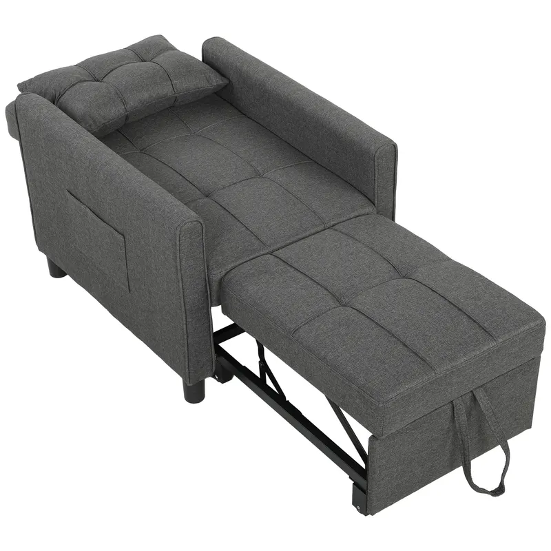 HOMCOM Fotoliu Pat Single 3 în 1 din Material Textil Tip In și Lemn cu Spătar Reclinabil, Pernă, Buzunare, Gri
