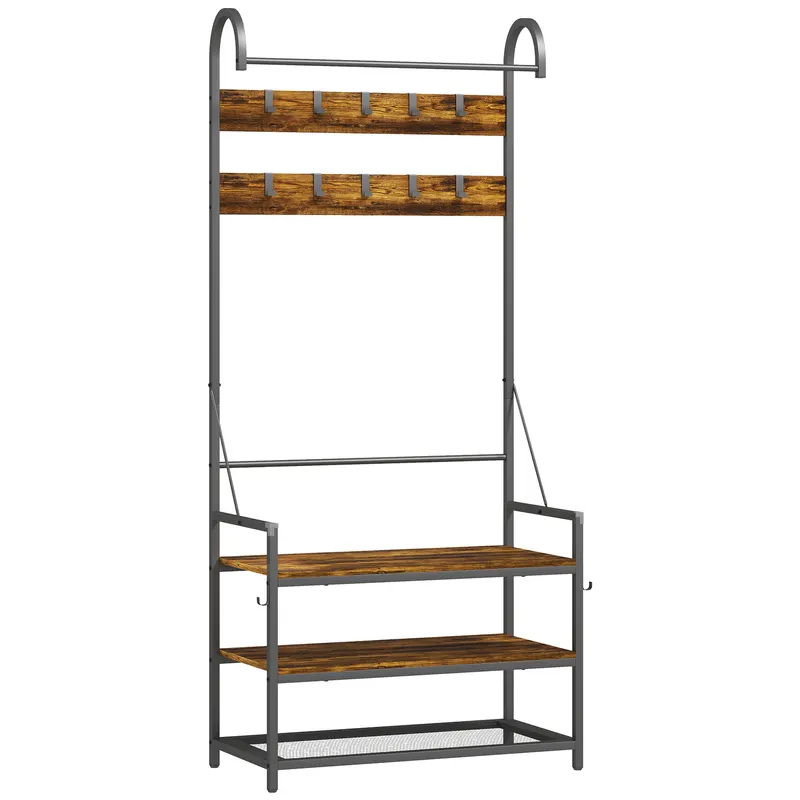 HOMCOM Suport de Haine de Intrare cu Bară, 10 Cârlige Mobile, Bancă și Raft pentru Încălțăminte, Mobilier în Pal și Metal, Design Industrial, 80x40x182 cm, Maro și Negru
