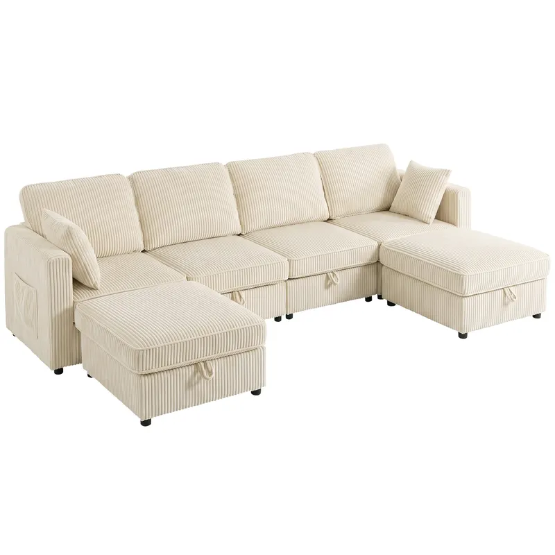 HOMCOM Canapea Modulară în U cu 4 Locuri, 2 Pufuri cu Depozitare, Catifea Reiată, 306x153x85 cm, Crem