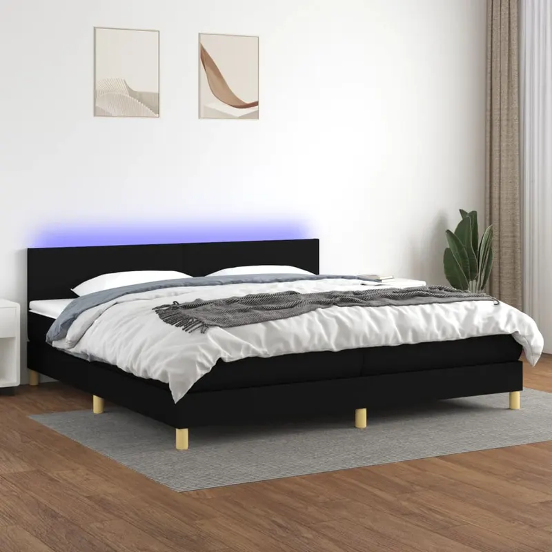 pat cu arcuri, saltea si led, negru, 200x200 cm, textil