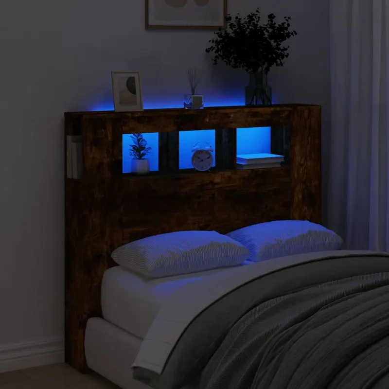 tablie de pat cu led, stejar fumuriu, 120x18,5x103,5 cm, lemn