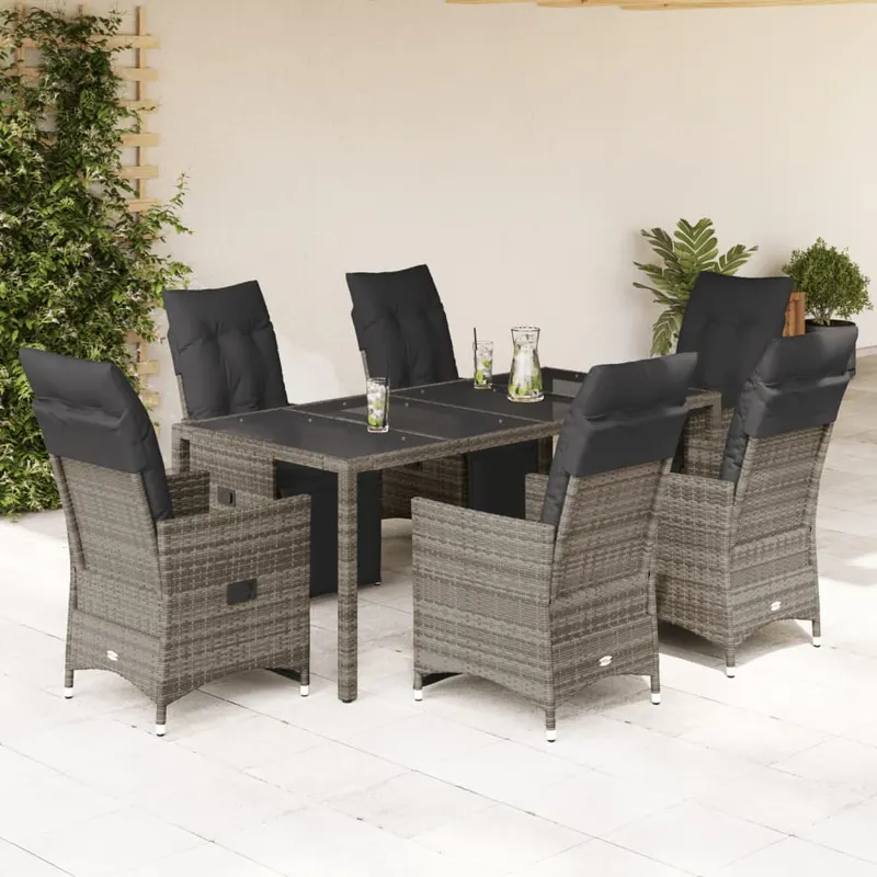 set bistro de gradina cu perne, 7 piese, gri, poliratan