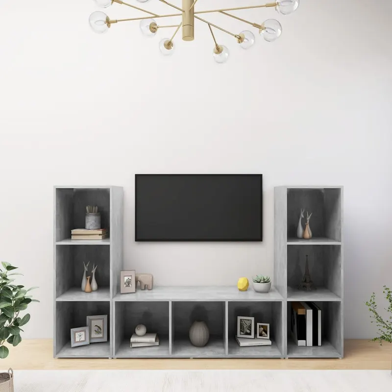 dulapuri tv, 3 buc gri beton, 107x35x37 cm, lemn prelucrat