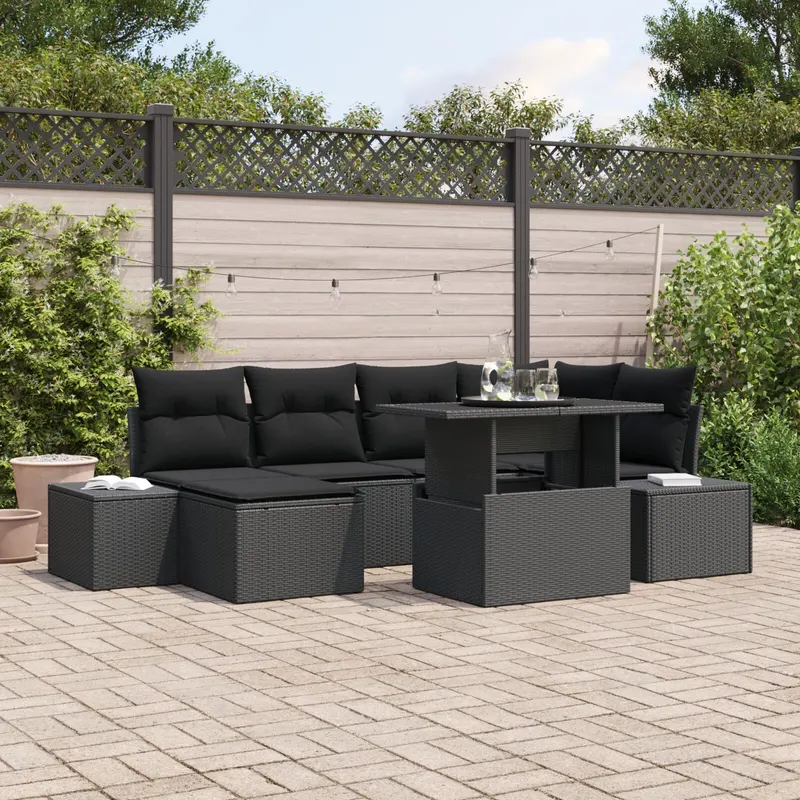 set de canapea de gradina cu 7 piese, cu perne, negru, poliratan