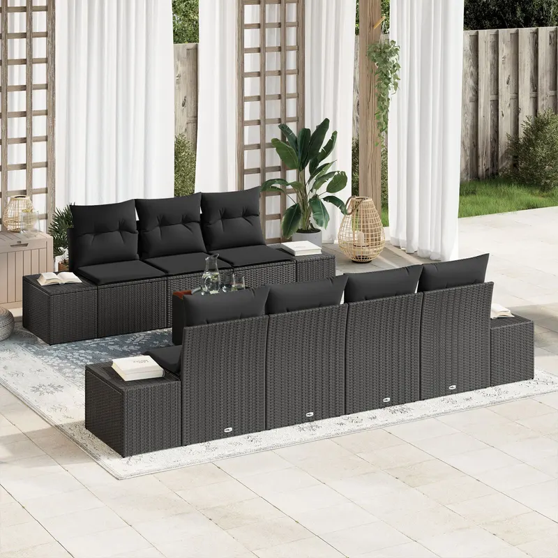 set de 8 piese de canapea de gradina cu perne negru poliratan acacia