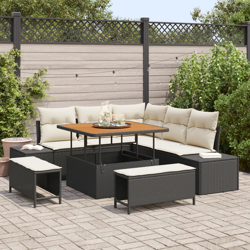 Set canapea gradina 8 piese cu perne negru poliratan acacia, canapea gradina cu depozitare si perne 2 locuri negru poliratan, set dining gradina 3 piese cu perne negru poliratan acacia