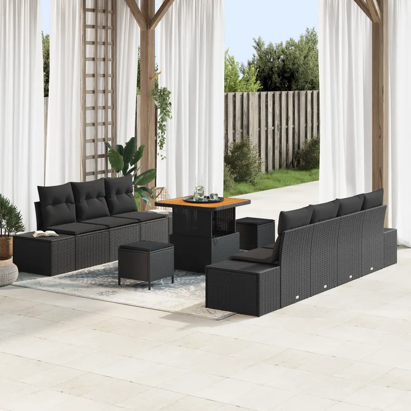 set canapea gradina 10 piese cu perne negru ratan poliester acacia