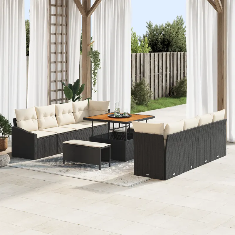 Set canapea gradina 11 piese cu perne negre din ratan poli si acacia, canapea gradina 2 locuri cu perne negre din ratan poli, set de dining gradina 3 piese cu perne negre din ratan poli si acacia