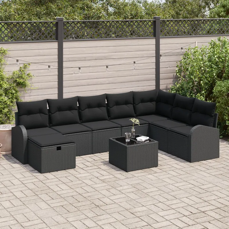 set canapea gradina 9 piese cu perne negru ratan poli