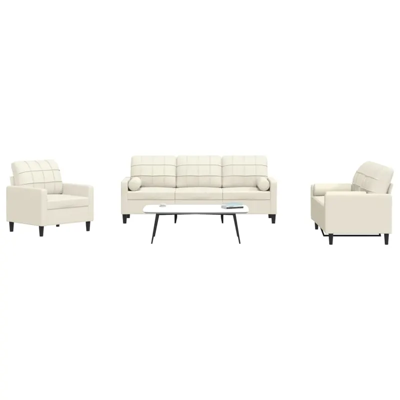 set de canapele cu perne/rulouri, 3 piese, crem, catifea