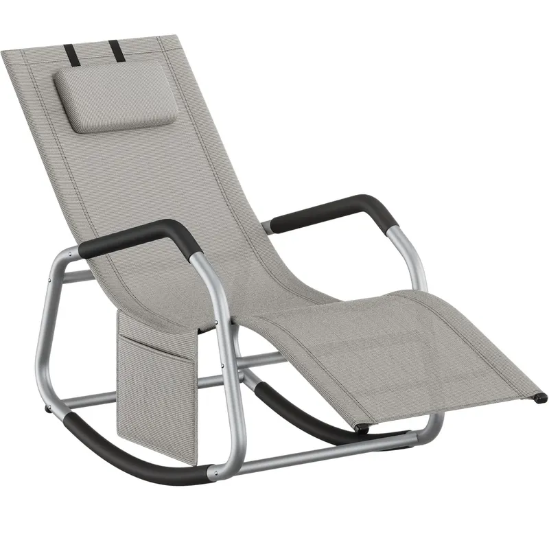Sezlong balansoar gradina, cu tetiera reglabila si buzunar lateral, cadru otel, maxim 150 kg, 151x56x97 cm, gri