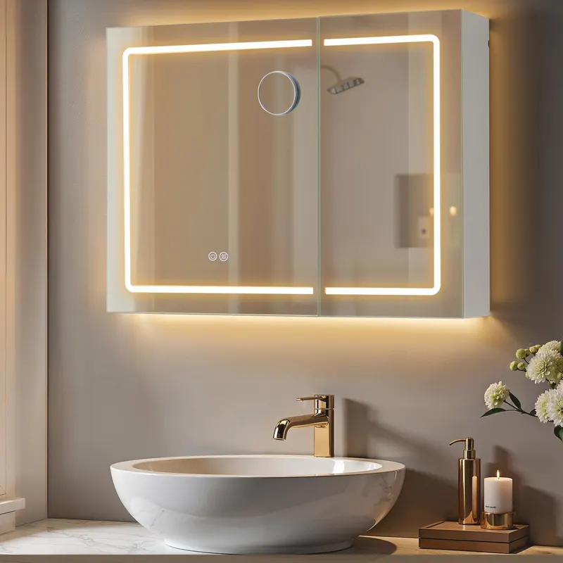 Dulap pentru baie cu oglinda si iluminare LED reglabila, functie anti-abur, USB si prize integrate, 80x17x60 cm, alb