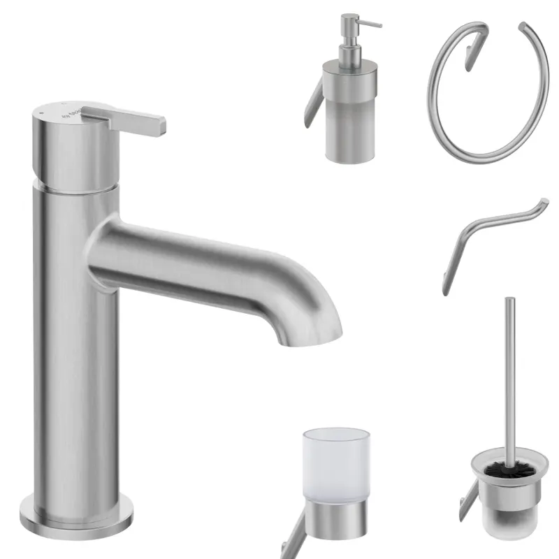 Set baterie lavoar si accesorii baie Deante Silia, otel slefuit