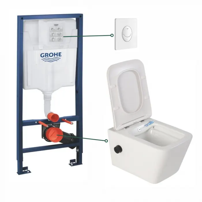 Set vas wc suspendat cu functie bideu alb si baterie inclusa negru mat Safari, rezervor wc incastrat si clapeta alb lucios, Grohe