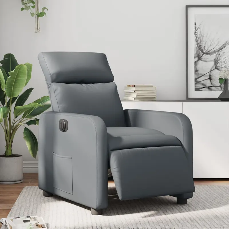 fotoliu rabatabil electric, gri, piele ecologica