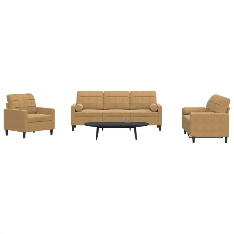 set de canapele cu perne/rulouri, 3 piese, maro, catifea