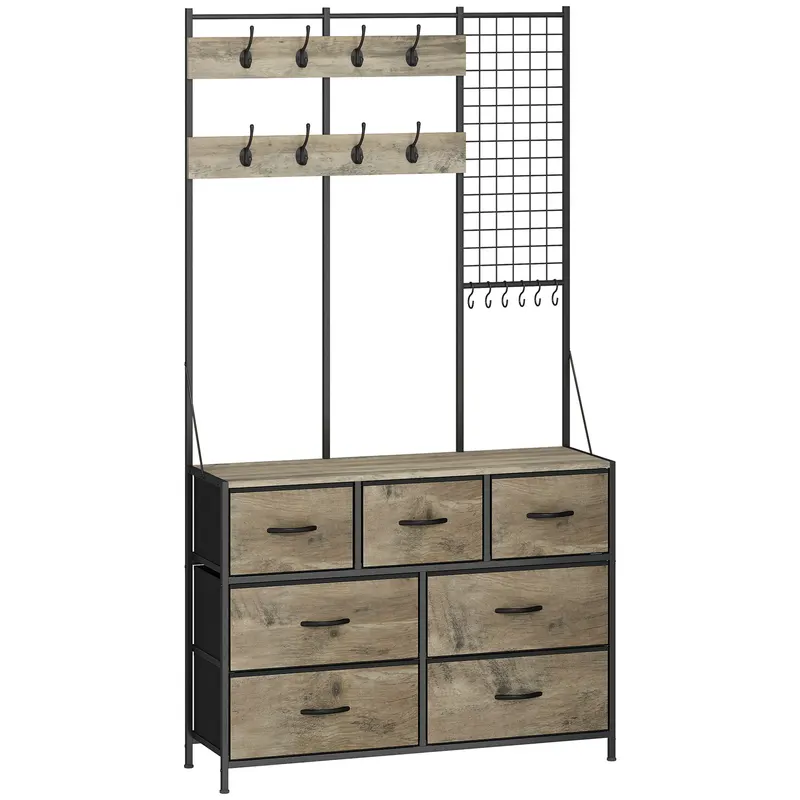 HOMCOM Cuier 4 în 1, Mobilier pentru hol cu 7 sertare pliabile din material textil, 14 cârlige şi panou grilaj, Gri cu efect de lemn
