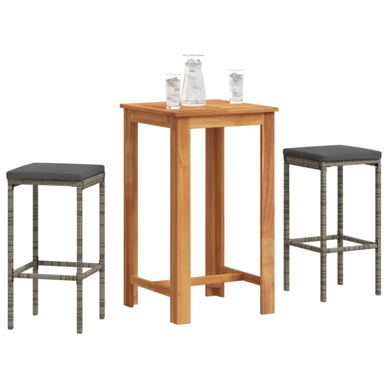 set bar de gradina, 3 piese, gri, lemn masiv acacia/ poliratan