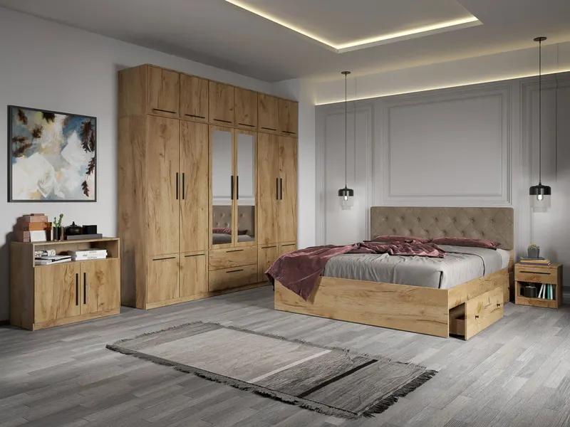 Set dormitor complet Stejar Auriu cu comoda - Madrid - C32