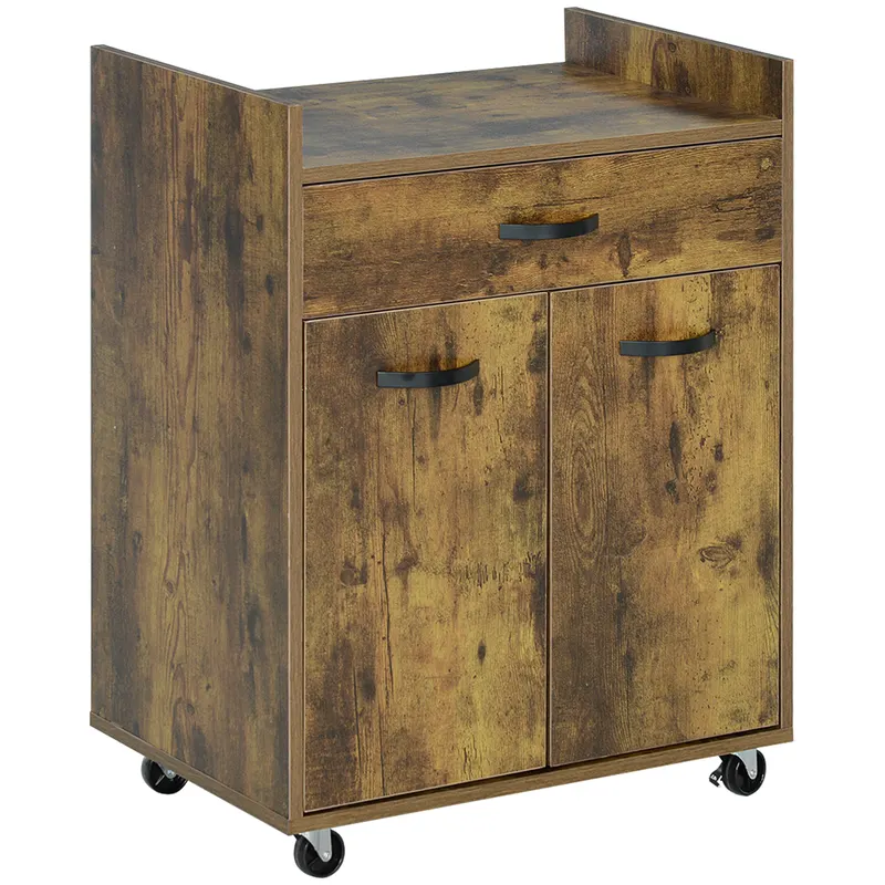 HOMCOM Cărucior de Bucătărie, Insulă de Bucătărie din Lemn cu 4 Roți și Raft Reglabil, 60x40x77 cm, Maro Rustic