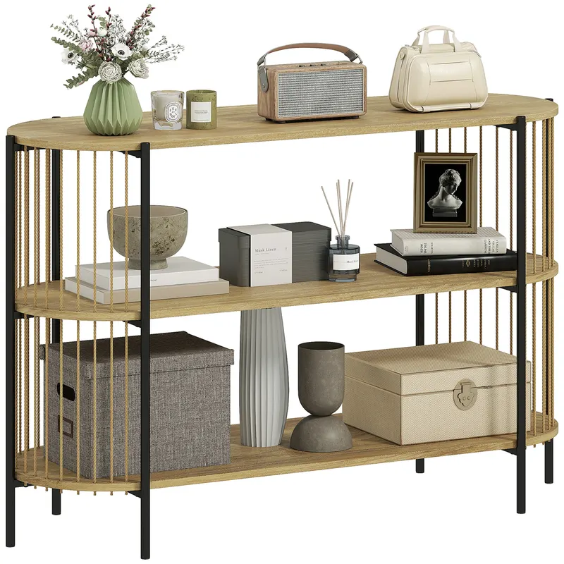 HOMCOM Blat de Consolă cu Coardă de Hârtie Împletită Manual Cadru de Oțel Stil Bohemian 124x43,5x80 cm Natural