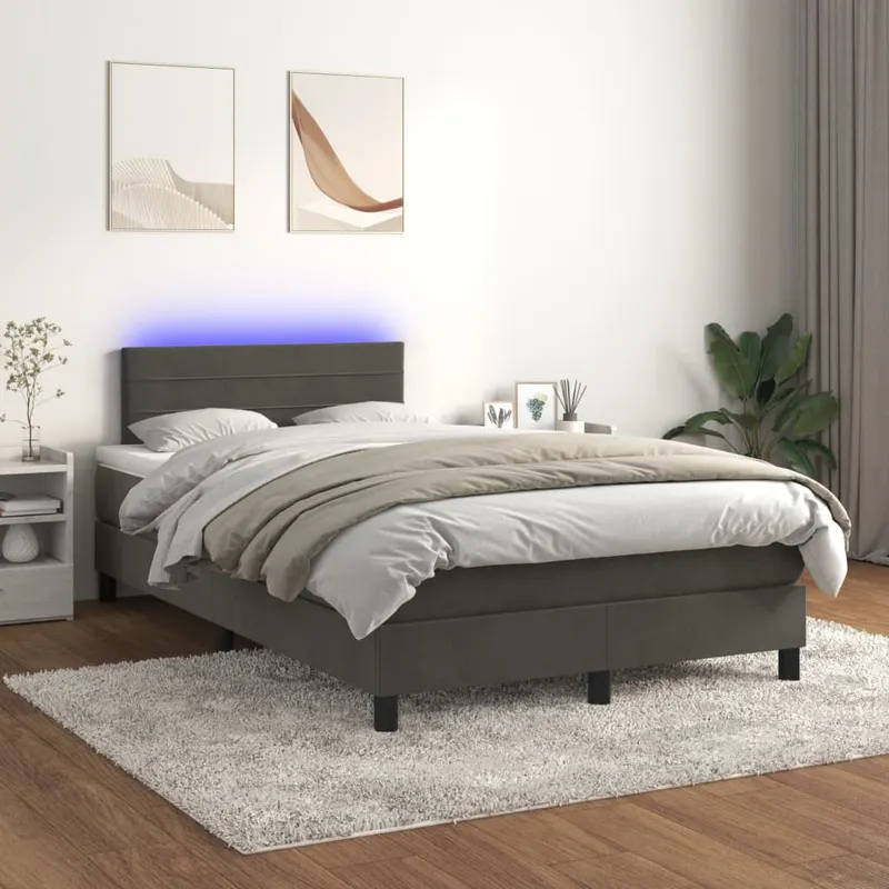 pat cu arcuri, saltea si led, gri inchis, 120x200 cm, catifea