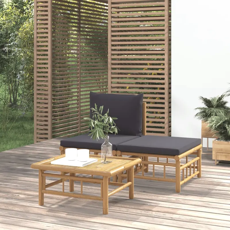 set mobilier de gradina, perne gri inchis, 3 piese, bambus
